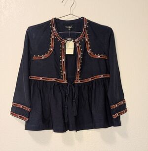 Lucky Brand Navy Embroidered Blouse
